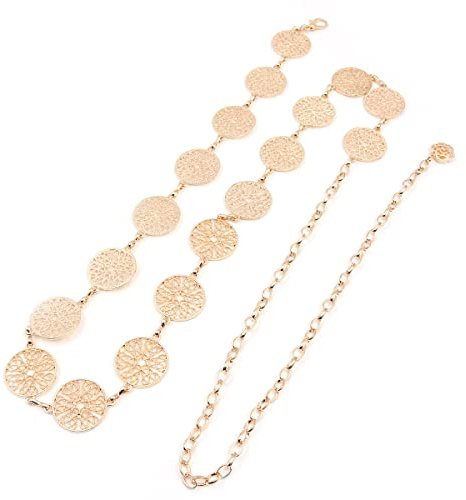 Hsthe Sea 51 Zoll Gold verstellbare Schnalle Langer Taillengürtel Kleidergürtel Körperkette Modekettengürtel für Frauen Vintage durchbrochener Metallring Taillengürtel