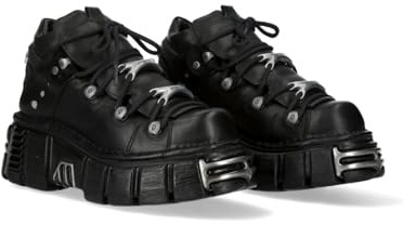 New Rock Botín Piel Negro Mujer Zapato Plataforma ICONIC 106 Black Woman Ankle Leather Shoes Boots M.106N-S16