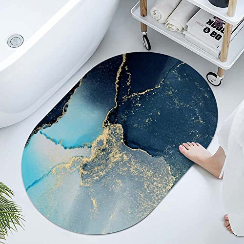 Super saugfähige Badematte mit Kieselgur und Erdstein, Blau, Gold, Marmor, schnell trocknend, Badezimmerteppiche, rutschfeste Badewannen-Bodenmatte, einfache Küchen-Fußmatte (oval, 50x80 cm)