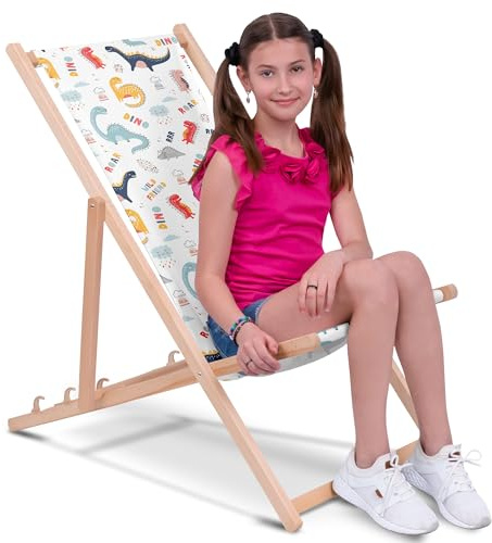 DreamRoots Kinder Liegestuhl Holz Gr. M, Funny Kids Dinosaurs | Klappbarer Campingstuhl faltbar, für Garten & Strand, bis 130 kg, waschbarer Bezug, 100% Polyester, UV-beständig, Kinderliege