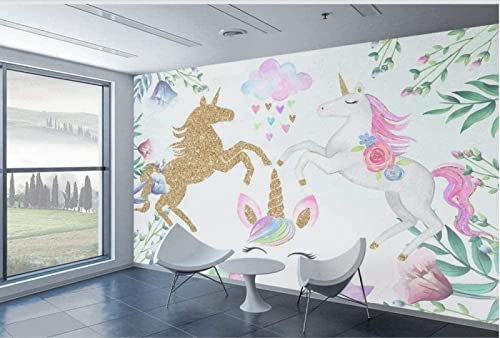 Papier Peint Panoramique Licorne Arc En Ciel Fleurs Feuilles Papier Peint 3D Intissé Decoration Murale Chambre Salon