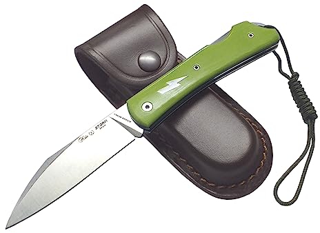 MIGUEL NIETO Navaja Storm 167-FLVF, con hoja en acero inox. Böhler N690co de 8,5 cm. y empuñadura en Mikarta Verde, con cordón fiador incluido, Funda de Cuero Marrón