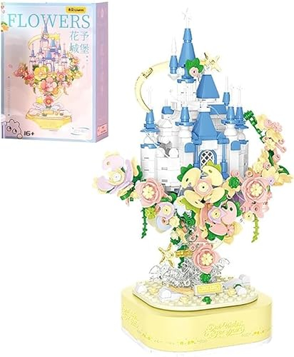 Blumenstrauß Schloss Musikbox Bausteine, Technik Spieluhr des Blumen Bauset, Klemmbausteine Blumenstrauß Musikbox Bausteine DIY Botanik Kollektion Deko Geschenk Kompatibel mit Lego