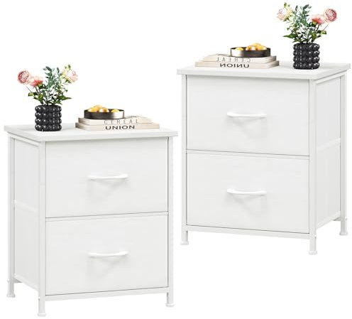 Somdot Nachttisch 2er Set, Beistelltisch mit 2 Schubladen aus Stoff, Nachtschrank mit Metallrahmen, Nachtkästchen, Kleiner Schrank für Schlafzimmer Wohnzimmer Kinderzimmer, Weißes Leder