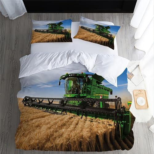 Bettbezug Mähdrescher, 140 x 200 cm, für Kinder, Bettwäsche für Einzelbett, Traktor und Mähdrescher, Mikrofaser, Bettbezug mit Reißverschluss mit 2 Kissenbezügen, 50 x 75 cm