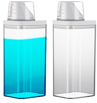 Pomurom 2 Detergente para Ropa con Vaso Medidor, Transparente Caja Almacenamiento Hermético para Detergente en Polvo y Líquido, Suavizante, Botellas Vacías Reutilizables