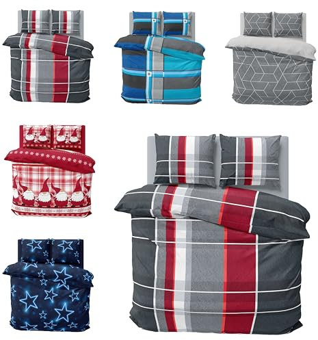 one-home Winter Bettwäsche Thermo Fleece Kuschelig Warme Bettbezüge Flauschig Warm Weich, Größe:3 teilig 200x200 cm, Farbe:Streifen Rot Grau