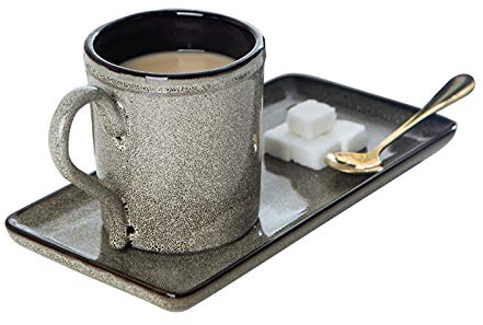 ESOUY Coffee Mug Simple Personality Mug Retro Breakfast Coffee Cup Exquisite Afternoon Tea Cup Japanese Style With Handle and Dessert Plate 300ml Couple Ceramic Set Mug Tea Cup (Color : Gris)