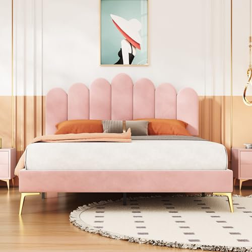 NNJN Letto matrimoniale imbottito 140 x 200 cm, struttura letto con testiera e rete a doghe, letto per adulti e ragazzi in tessuto di velluto delicato sulla pelle (rosa)