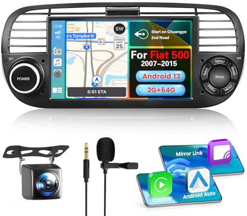 Hikity Wireless Carplay Autoradio mit Navi Für FIAT 500 2007-2015 Android 13 7Zoll 2G 64G Auto Radio Stereo mit Bluetooth WiFi FM RDS Mirror Link Android Auto MIC Rückfahrkamera (Eisenhaltig)