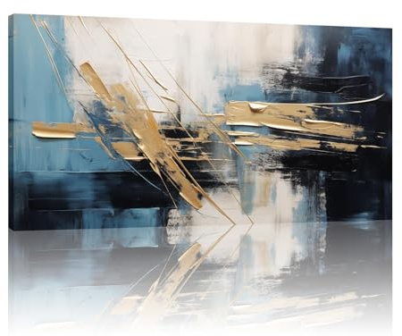 Leinwand-Wandkunst, abstrakte Kunstdrucke, Gemälde, blauer Gold-weißer Hintergrund, moderne Kunstwerke, Wanddekoration für Wohnzimmer, Schlafzimmer, 80 x 160 cm (31 x 63 Zoll) mit Rahmen