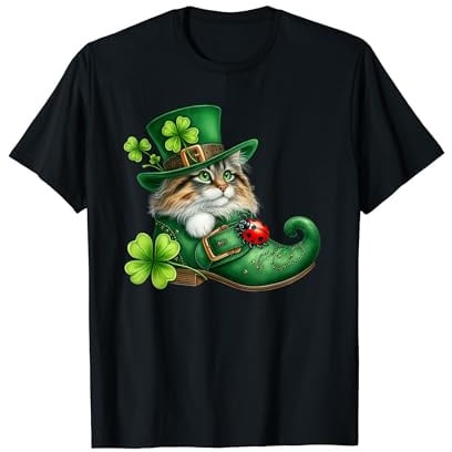 St Patrick’s Day Cat in Shoes - Norwegian Forest - Cute T-Shirt