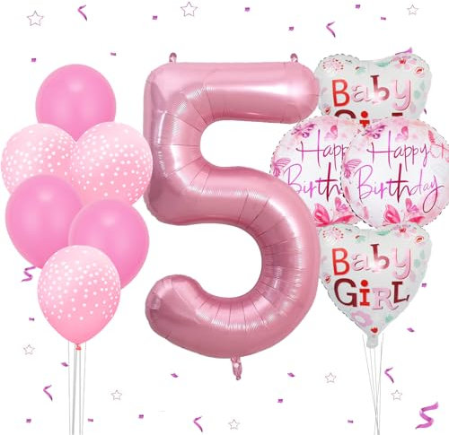 VUCDXOP Geburtstagsdeko Mädchen 5 Jahr, 5 Jahr Rosa Geburtstag Deko, Luftballon 5. Geburtstag, Geburtstag deko 5 Jahre mädchen, Folienzahlen Ballons, Riesen Folienballon Zahl 5 für Geburtstag Party