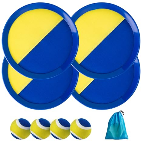 U&C Planet Catchball Game Gioco di Lancio della Palla in Velcro Palla Impermeabile Bambini 3-12 Anni 4 Palette e 4 Palle Lancio e Cattura della Palla Giochi di Famiglia all'aperto, Blu e Giallo