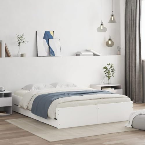 vidaXL Engineered Wood Bed Frame with Drawers - White Double Bed with Storage, Plywood Slats, Modern Bedroom Furniture 140x190cm