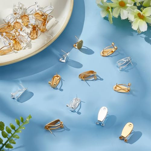 INFUNLY 32 Stück Ohrring Clips Ohrstecker Rückseite Aus Messing + Silber Ohrstecker Rohling Mit Flachen Pad Pfosten Flache Rückseite Stopper Für DIY Schmuckherstellung Ohrringe Durchbohrte Schmuckstüc