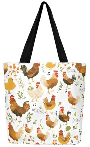 Loussiesd Huhn Leinwand Einkaufstasche Nette Farm Tier Tragetasche Dekor Rustikale Farm Huhn Bauernhaus Hahn Whild Tiere Theme Stofftasche Blätter Handtasche