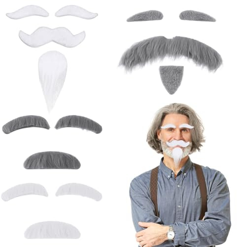 4 Sets Fake Mustache and Eyebrows Stick On Moustaches and Eyebrows for Old Man Costume, Self-Adhesive Fake Beard for Men and Women, Halloween Party, Carnival, Dress-Up, Pretend Play