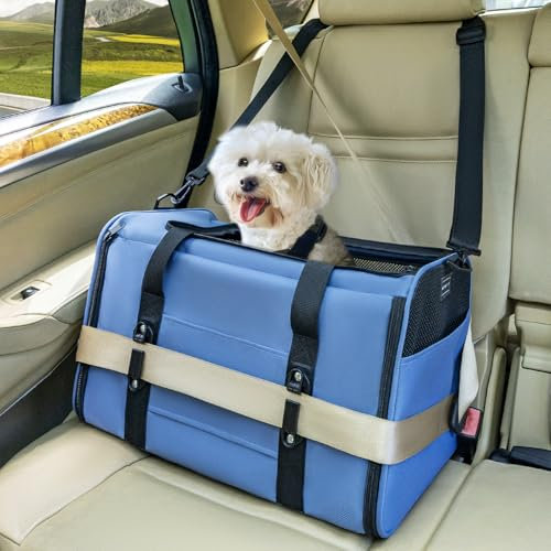 Petsfit Transportbox Katze Hundebox Auto Katzentransportbox Transportbox Hund - Faltbare Tragetasche mit 2 Patent-Schnallen für Autositz, 4-seitigem Netz & Abnehmbarem Kissen, L/Blau