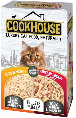 COOKHOUSE 100% Natural & Complete Luxury Wet Cat Food - Chicken Breast/Chicken Breast with Beef - Fillets in Jelly - 36 x 70g Pouches