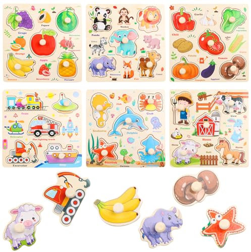 NewZC Set Puzzle in Legno Bambini 6 Pezzis Educativi Puzzle ad Incastro Trasporti Fattoria Frutta Marini Animali Insetto Puzzle Legno con Maniglie Giochi Montessori per Bambina Bambino 1-4 anni