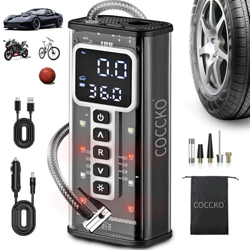 Compresor Aire Portátil,COCCKO 150 PSI Inflador Ruedas Coche,Batería 6000 mAh y Carga USB-C,Inflador Digital con Función de Luz LED, Hinchador Electrico,para Auto, Moto, Bicicleta y Pelota