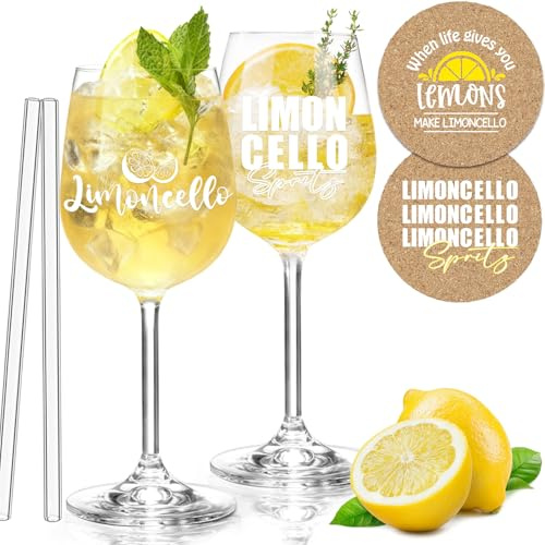 YYSWSAKY Set di 2 bicchieri da limoncello – vetro da aperitivo premium Limoncello – cannucce di vetro in paglia di vetro, sottobicchieri in sughero, ideali per gli appassionati di aperitivi