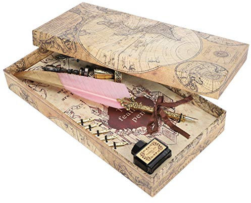 OVAQUIXI Quill Pen Set with Feather Design, 5 Refills and Stamp | Metal body, stainless steel nib, calligraphy writing, pen holder and wax spoon, gift box, light pink