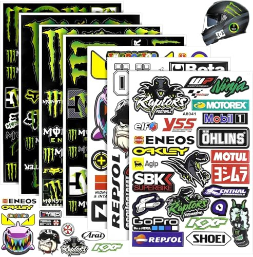 8-Teilig Motorrad Aufkleber, Sponsoren Aufkleber, Monster Energy Aufkleber Bogen, Wetterfeste Vinylaufkleber Sticker, für Motorräder, Fahrrad, Helm, Skateboard, Auto, Rollerhelm und Geländemotorräder