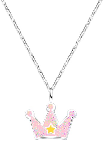 Löb 925 Silber Halskette Kinder Kette Prinzessin Krone Stern Rosa Glitzer Damen Silberkette Mädchen Regenbogen Bunt Anhänger Kinderschmuck Kinderkette