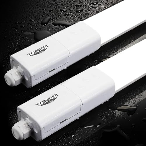 TONFFI 2 Stück LED Feuchtraumleuchte 150CM, 60W 7000LM 6000K Kaltweiß Verknüpfbar LED Deckenleuchte Röhre, IP65 Wasserfest Wannenleuchte Werkstattlampe für Keller Lager Garage Warenhaus