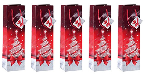 SIGEL Flaschen Geschenktüten aus Papier Sparkling Tree 5er Set | GT024/5, Rotes Design für weihnachtliche Wein und Flaschengeschenke