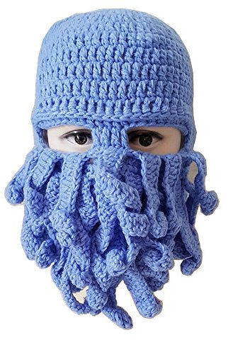 Metyou Warme Wintermütze für den Winter, Unisex, gestrickt, lustige Oktopus-Maske, Bartmützen, Häkelmützen für Halloween-Party, Blau