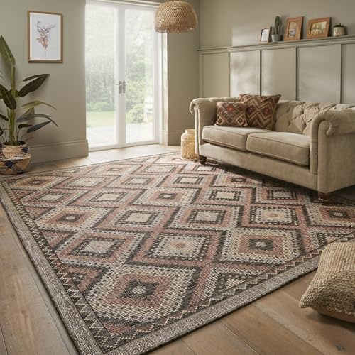 Lord of Rugs Sumac Rug for Indoor, Outdoor, Garden, Patio, Living Room, Bedroom, Kitchen Traditional Classic Motifs Tribal Diamond Mosaic Rug SUM101 Burnt Rust Large 160x230 cm (5'3x7'7)
