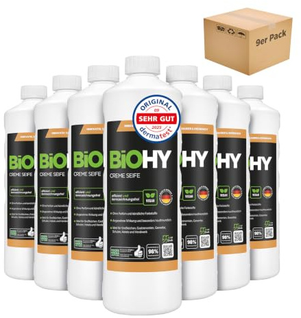 BiOHY Creme Seife (9 x 1 Liter) | Hautschonende, rückfettende & geruchsneutrale Handseife | flüssiger Nachfüllpack mit pflanzlichen Inhaltsstoffen | auch für das Gesicht geeignet