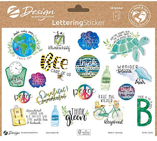 AVERY Zweckform Lettering Sticker 38 Aufkleber Umwelt Statements und Sprüche (Sticker auf A5 Bogen, Etiketten zur Nachhaltigkeit, Klebeetiketten aus FSC Papier) 54545 4004182545454