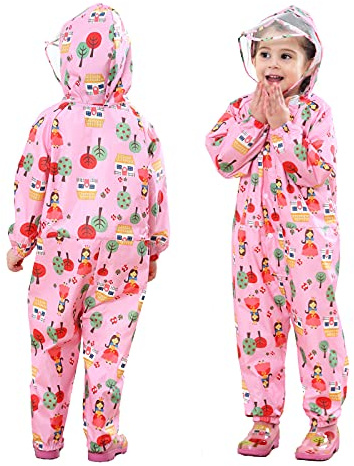FILOWA Imperméables Filles Combinaison de Pluie à Capuche, 3-5 ans, Rose