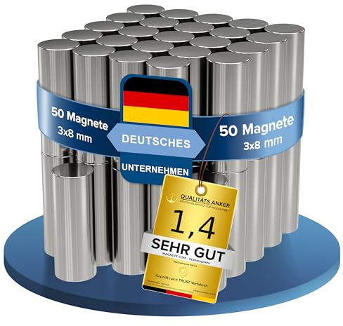 50x Neodym Power Magnet silber - Stabmagnet extra stark lang - Durchmesser 3x8mm lang - starke Magneten Supermagnet - Haftkraft ca. 0,5 kg - Magnete für Whiteboard, Pinnwand, Magnettafel, Werkstatt