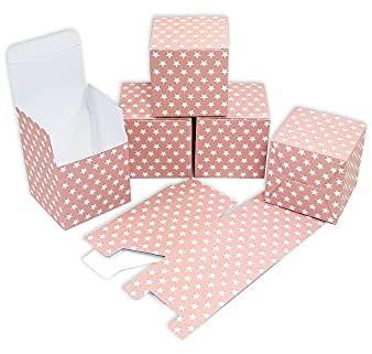 Frau WUNDERVoll® 12 Faltschachteln rosa, weiße Sterne 7x7x7 cm (gefaltet), 300 Gramm Papier/Würfelbox, Kissenverpackungen, Pillow Box, Faltverpackung, Geschenkverpackung, Gastgeschenk, Hochzeit