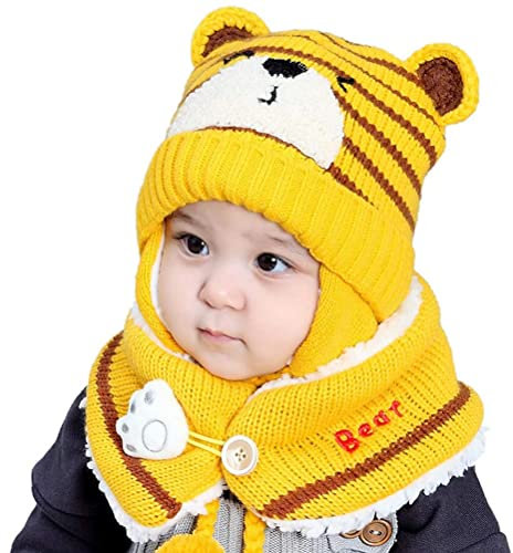 NLAND Bebe Conjunto de Bufanda y Sombrero Sombrero Linda Calentar de Punto Gorro para Niño y Niña 6-24 Meses(Amarillo,Talla única)
