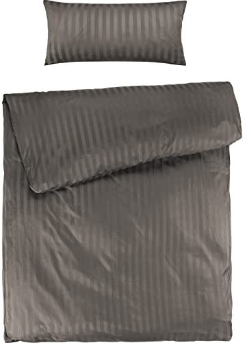 Pure Label Mako Satin Damast Streifen Bettwäsche Taupe 155x220 cm mit Kissenbezug 40x80 cm aus 100% Baumwolle | Traumhaft weiches Mako Satin Bettwäsche Set in Uni
