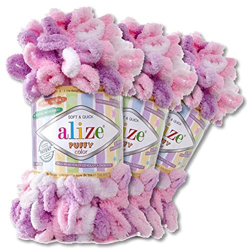 Wohnkult Alize 3x100 g Puffy Color Premium Wolle 26 Farbkombinationen Chenille Handarbeit Stricken und Häkeln ohne Hilfsmittel Smart Yarn (6051)