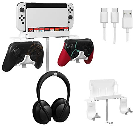 Hosanwell Switch Wall Mount Bracket, Switch OLED Wall Mount Compatible with Nintendo Switch Dock with Headphone Hanger, Dual Controller Holder with 2 Way Charging Cable - US