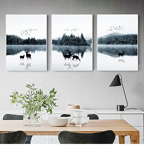 Leinwanddruck Leinwand Poster Drucken Malerei Nordic Dekoration Tier Hirsch Familie Wald Landschaft Bild Für Wohnzimmer Home Office Decor 40x50cm