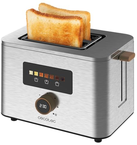 Cecotec Grille-Pain Vertical 2 Fentes Courtes Touch&Toast Double. 950 W, 2 Tranches de Pain, Fentes Extra-Larges de 3,8 cm, Écran Tactile et Bouton Numérique, Finitions en Acier Inoxydable