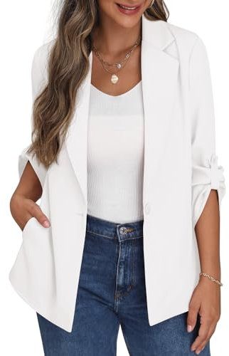 PrinStory Blazer da donna aperto sul davanti, cardigan a maniche regolabili, giacca blazer con tasche con bottoni, bianco, 10-12