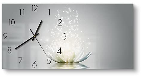 DEQORI Glasuhr | vertikal 60x30 cm | Motiv Funkelnde Lotusblüte | große XXL Design Uhr aus Glas | leise Wanduhr für Wohnzimmer & Küche | Moderne Hingucker Uhr für die Wand