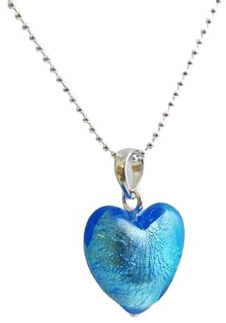Collar hecho a mano con forma de corazón de cristal de Murano azul en plata de ley, 45 cm