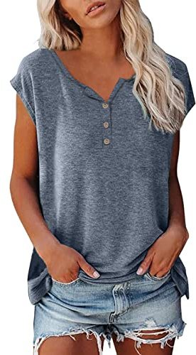 Top para mujer, cuello de pico, manga corta, camisetas con botón, elegante, túnica, monocolor, suelta, ligera, básica, camiseta, gris, M