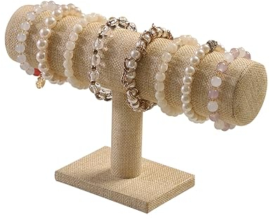 Justsoso Soporte de pulsera con barra en T, soporte de exhibición de pulseras de lino natural para exhibición de tiendas, organizador de joyas para relojes atados al cabello (lino amarillo)